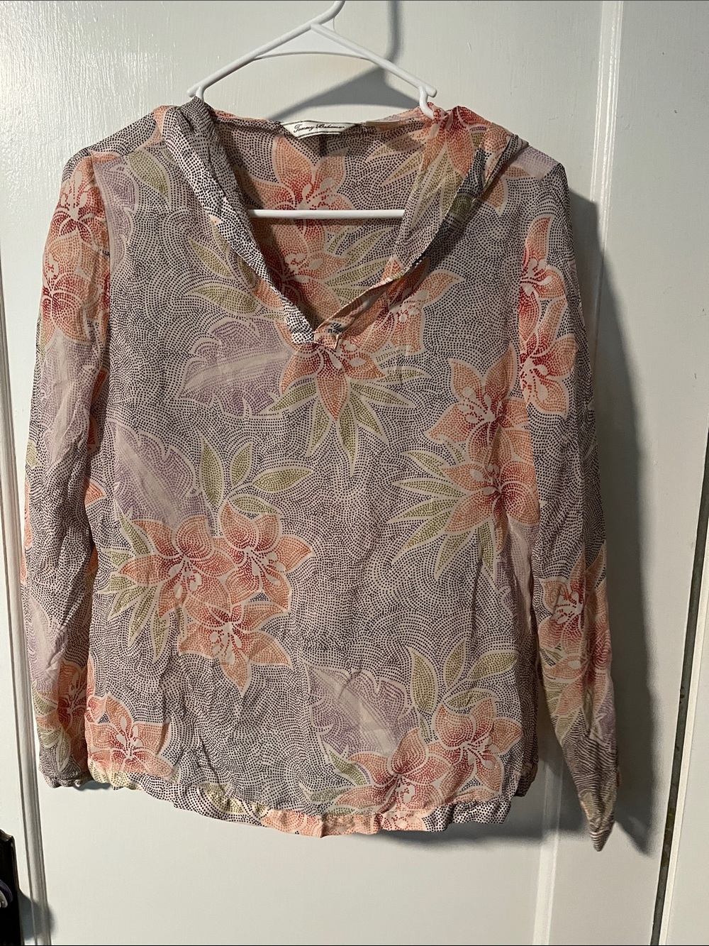 Tommy Bahama Sheer Floral V-Neck Long Sleeve Top — Peach & Green